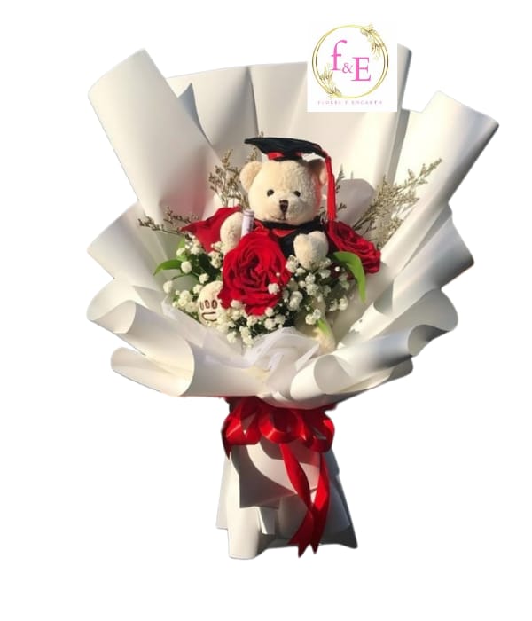 Ramo de Graduación con Rosas Rojas y Peluchito de Logro Académico.