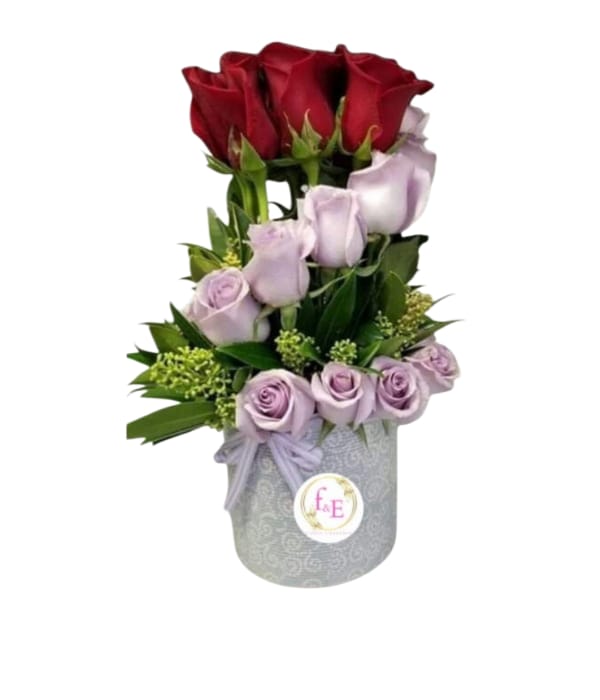 Box Espiral de Rosas Rojas y Lila.