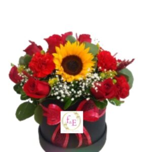 Box de Rosas Rojas y Girasol Radiante.