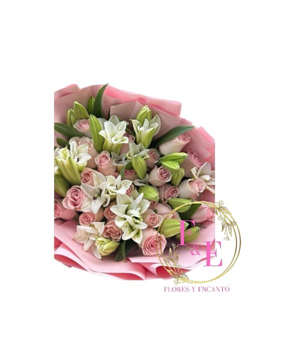 Ramo Premium de 24 Rosas Rosadas y 10 Lilium Blancos