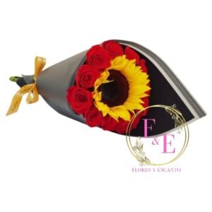Ramo de 12 Rosas Rojas 1 Girasol.