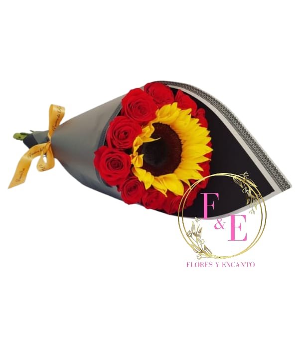 Ramo de 12 Rosas Rojas 1 Girasol.