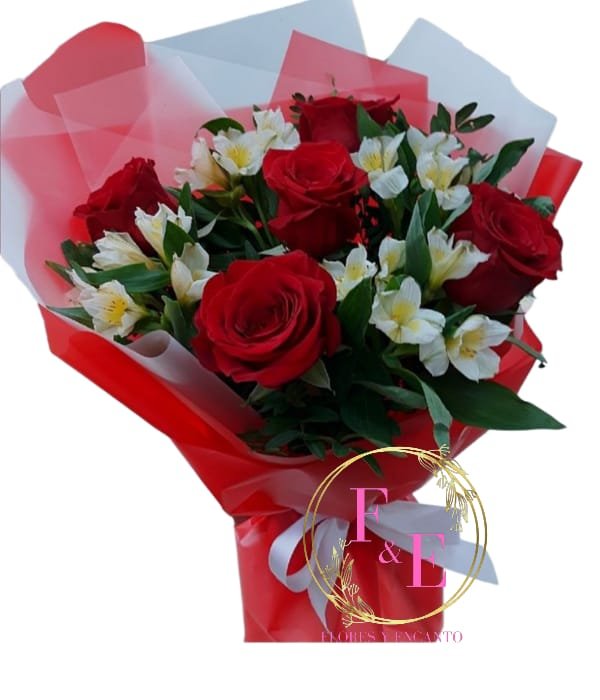 Ramo de 5 Rosas Rojas y Astromelias Blancas